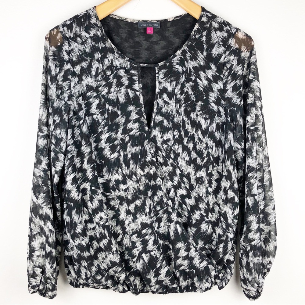 Vince Camuto Long Sleeve Wrap Front Top Black Gray Size Small